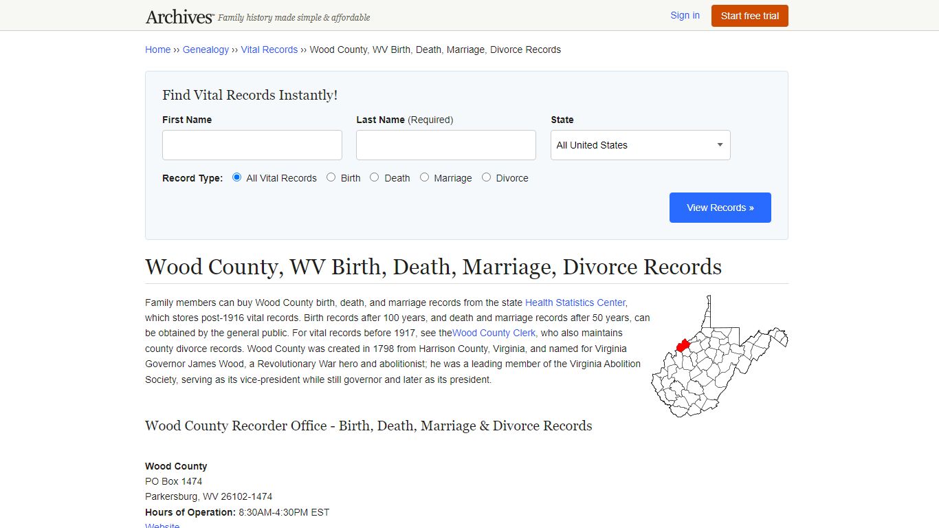 Wood County, WV Birth, Death, Marriage, Divorce Records