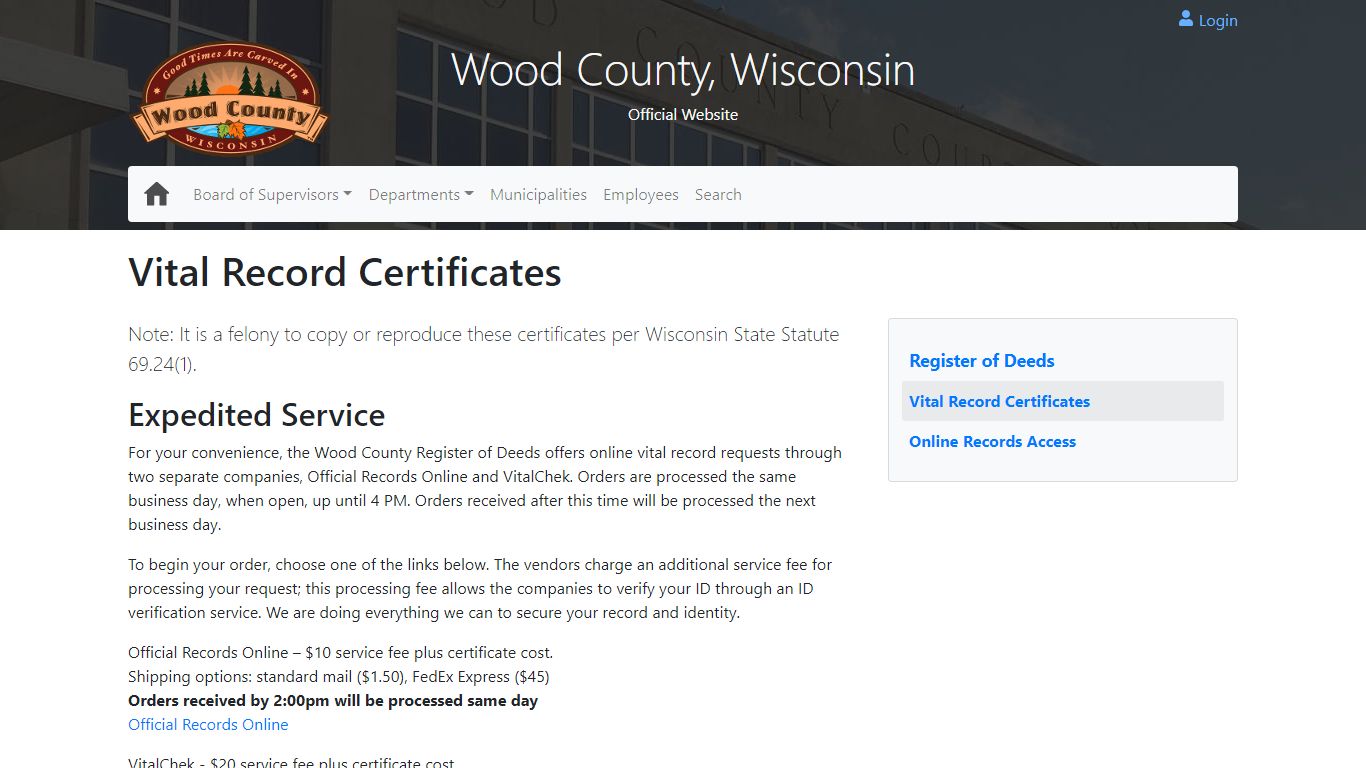 Vital Record Certificates - Wood County, Wisconsin